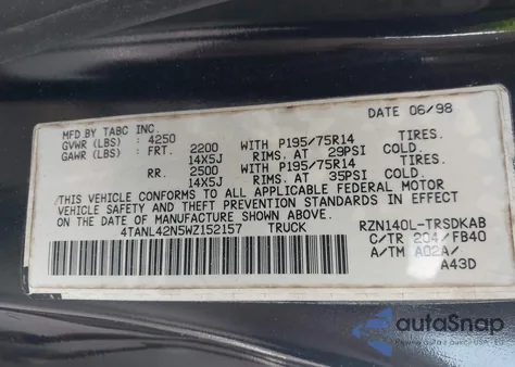 1998 Toyota Tacoma Base (A4) z USA, uszkodzony, nr VIN 4TANL42N5WZ152157